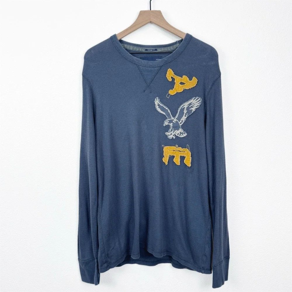 American Eagle Shirt Mens XL Blue Thermal Crewneck Vintage Fit Y2K Pullover‎